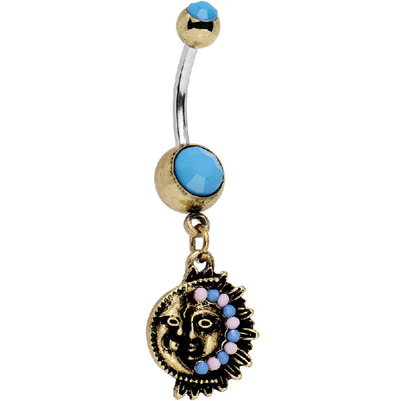Belly Rings with Vibrant Gemstones for Glamorous Style -Faux Turquoise Southwestern Fun with Moon and Sun Dangle Belly Ring Belly Rings with Vibrant Gemstones for Glamorous Style -Faux Turquoise Southwestern Fun with Moon and Sun Dangle Belly Ring