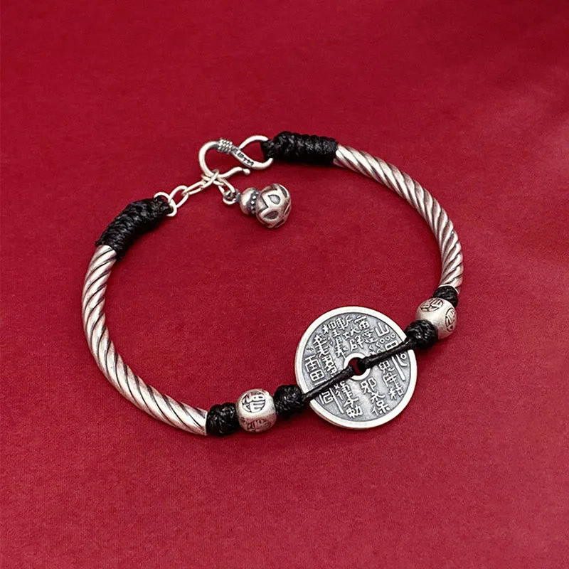 Elegant Bangles for Women with Precious Stones-Buddha Stones 999 Sterling Silver Mountain Ghosts Spend Money Bagua Pattern Harmony Bracelet Elegant Bangles for Women with Precious Stones-Buddha Stones 999 Sterling Silver Mountain Ghosts Spend Money Bagua Pattern Harmony Bracelet