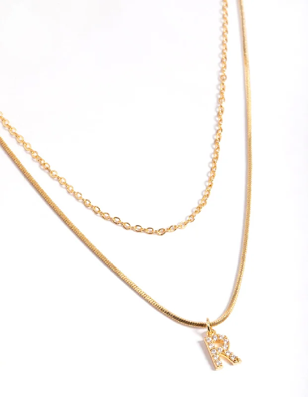 Shop Classic Women's Necklaces & Pendants with a Modern Twist-Letter R Gold Plated Layered Diamante Initial Necklace Shop Classic Women's Necklaces & Pendants with a Modern Twist-Letter R Gold Plated Layered Diamante Initial Necklace