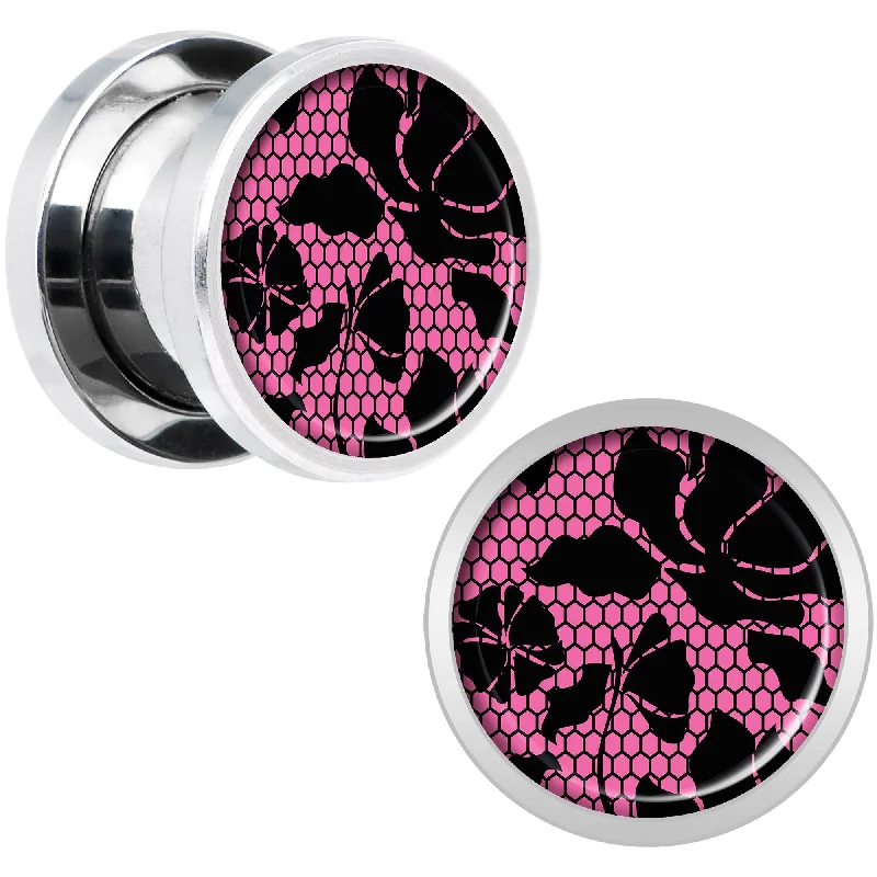 Women's Earrings – Elegant Designs for Every Personality--Pink Floral Lace Steel Screw Fit Plug Set 00 Gauge Women's Earrings – Elegant Designs for Every Personality--Pink Floral Lace Steel Screw Fit Plug Set 00 Gauge