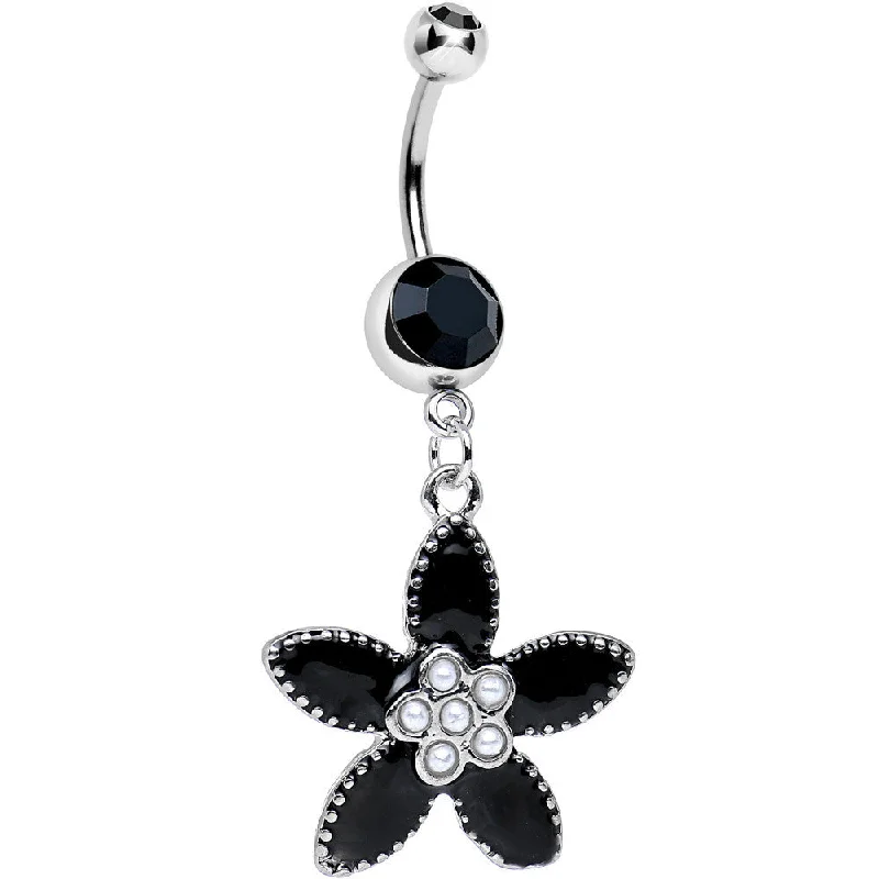 Comfortable Belly Rings for Sensitive Piercings -Black CZ Pearly Center Velvet Leaf Flower Dangle Belly Ring Comfortable Belly Rings for Sensitive Piercings -Black CZ Pearly Center Velvet Leaf Flower Dangle Belly Ring
