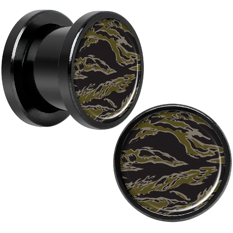 Women's Earrings – Elegant Designs for Every Personality--Tiger Camo Print Black Anodized Screw Fit Plug Set 00 Gauge Women's Earrings – Elegant Designs for Every Personality--Tiger Camo Print Black Anodized Screw Fit Plug Set 00 Gauge