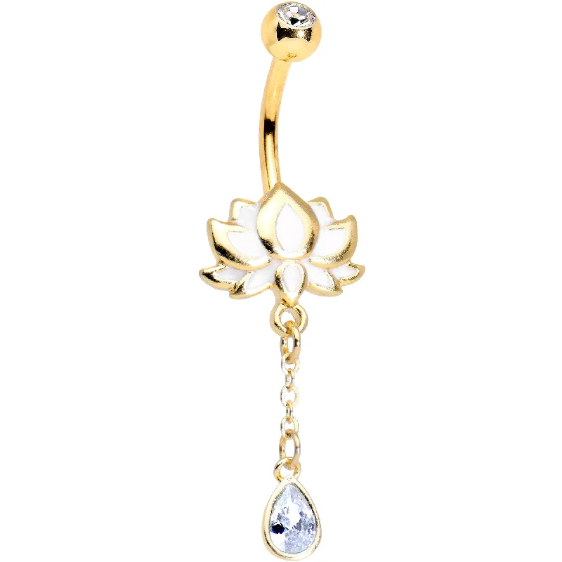 Trendy Belly Rings for Exclusive Looks -Clear Gem Gold Tone Anodized Blooming Lotus Flower Dangle Belly Ring Trendy Belly Rings for Exclusive Looks -Clear Gem Gold Tone Anodized Blooming Lotus Flower Dangle Belly Ring