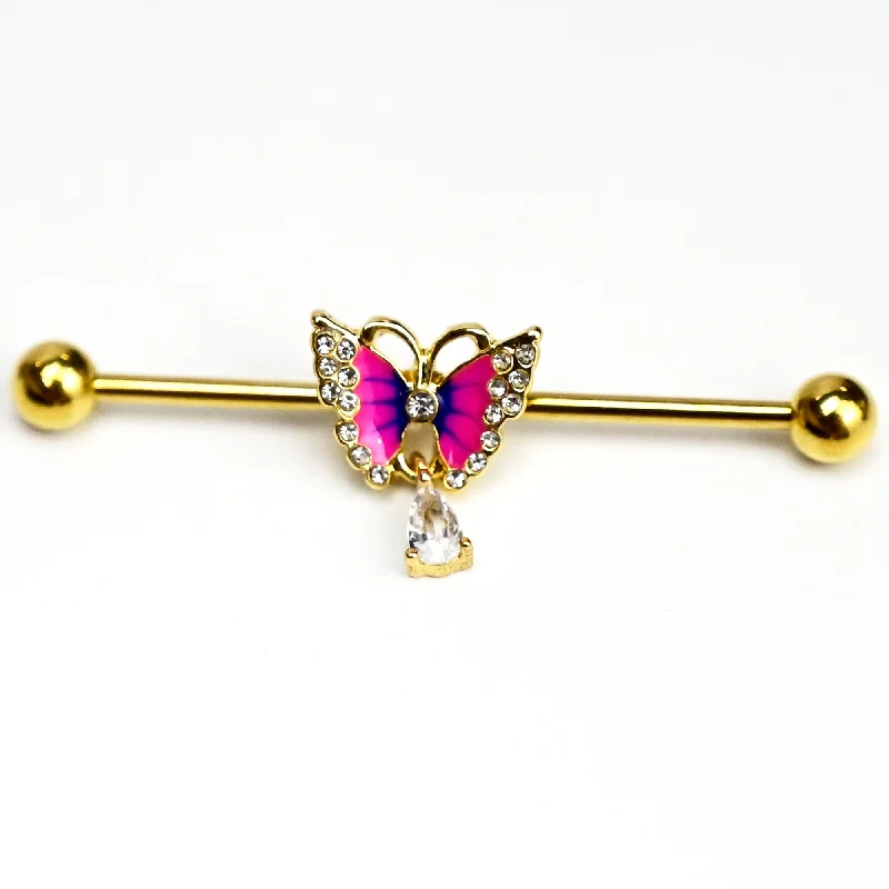 Women's Earrings – Elegant Designs for Every Personality--14 Gauge Clear Gem Gold Hue Butterfly Pink Dangle Industrial Barbell 38mm Women's Earrings – Elegant Designs for Every Personality--14 Gauge Clear Gem Gold Hue Butterfly Pink Dangle Industrial Barbell 38mm
