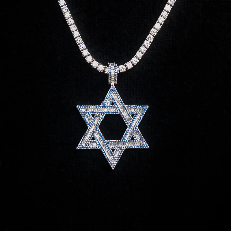 Adjustable Metal Bracelets for Men-Sapphire Baguette Star of David Pendant