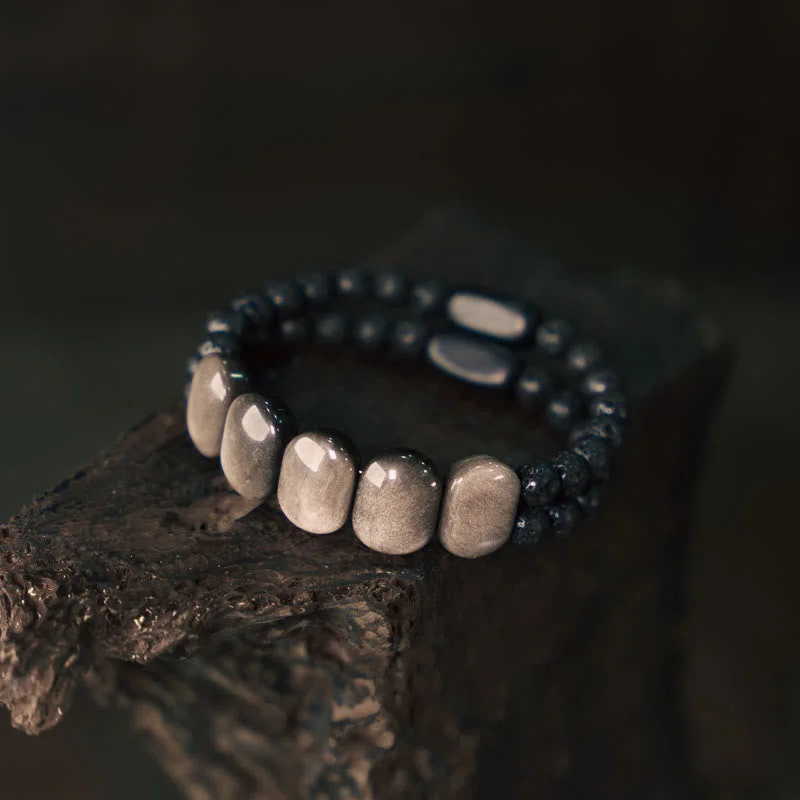 Men's Stretch Leather Bracelets-Buddha Stones Natural Silver Sheen Obsidian Lava Rock Communication Bracelet Men's Stretch Leather Bracelets-Buddha Stones Natural Silver Sheen Obsidian Lava Rock Communication Bracelet