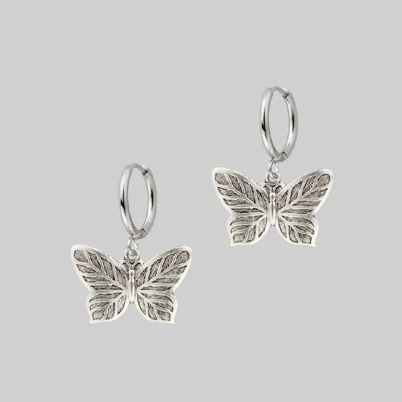 Women's Earrings – Elegant Designs for Every Personality--NEW DAWN. Butterfly Hoop Earrings - Silver Women's Earrings – Elegant Designs for Every Personality--NEW DAWN. Butterfly Hoop Earrings - Silver