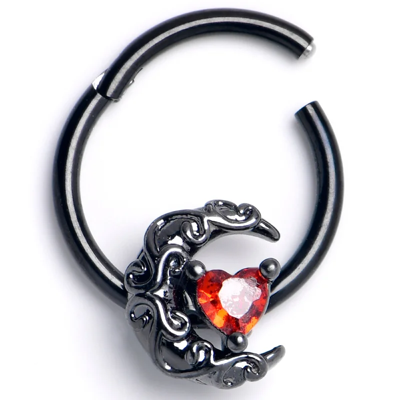 Designer Nose Rings for Unique Look -16 Gauge 3/8 Red CZ Gem Black Scrolling Moon Heart Hinged Segment Ring Designer Nose Rings for Unique Look -16 Gauge 3/8 Red CZ Gem Black Scrolling Moon Heart Hinged Segment Ring