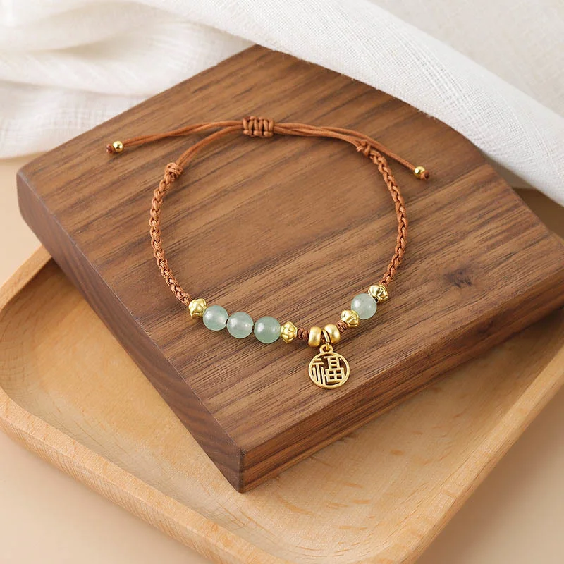 Double Strand Bangles for Women-Buddha Stones Jade Beads Fu Character Blessing Rope Bracelet Double Strand Bangles for Women-Buddha Stones Jade Beads Fu Character Blessing Rope Bracelet
