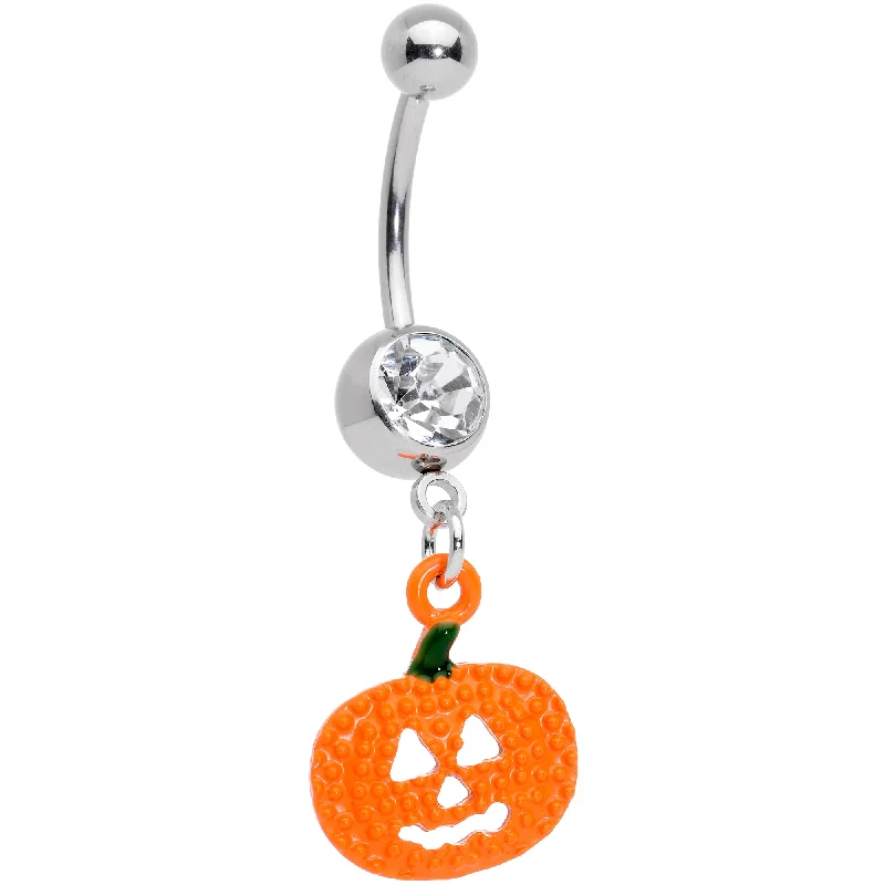 Comfortable Belly Rings for Fashion Forward -Clear Gem Orange Pumpkin Jack O Lantern Halloween Dangle Belly Ring Comfortable Belly Rings for Fashion Forward -Clear Gem Orange Pumpkin Jack O Lantern Halloween Dangle Belly Ring