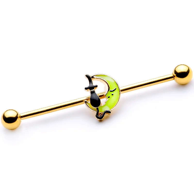 Women's Earrings – Elegant Designs for Every Personality--14 Gauge Gold Tone Black Cat Moon Halloween Industrial Barbell 38mm Women's Earrings – Elegant Designs for Every Personality--14 Gauge Gold Tone Black Cat Moon Halloween Industrial Barbell 38mm