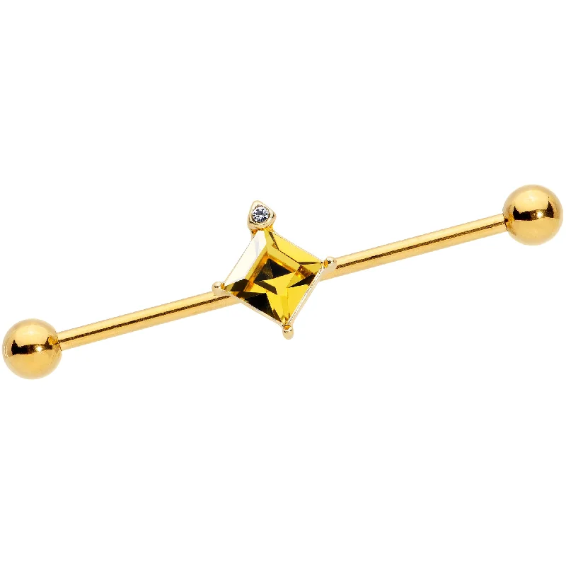 Women's Earrings – Elegant Designs for Every Personality--14 Gauge Clear Yellow Gem Gold Tone Rhombus Industrial Barbell 38mm