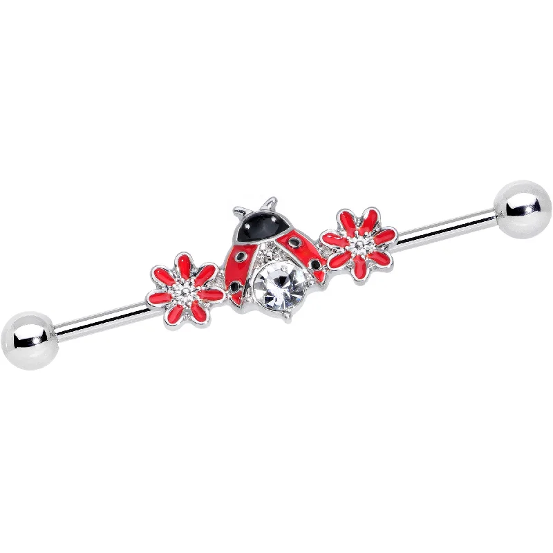 Women's Earrings – Elegant Designs for Every Personality--14 Gauge Clear Gem Red Flowers Ladybug Industrial Barbell 38mm