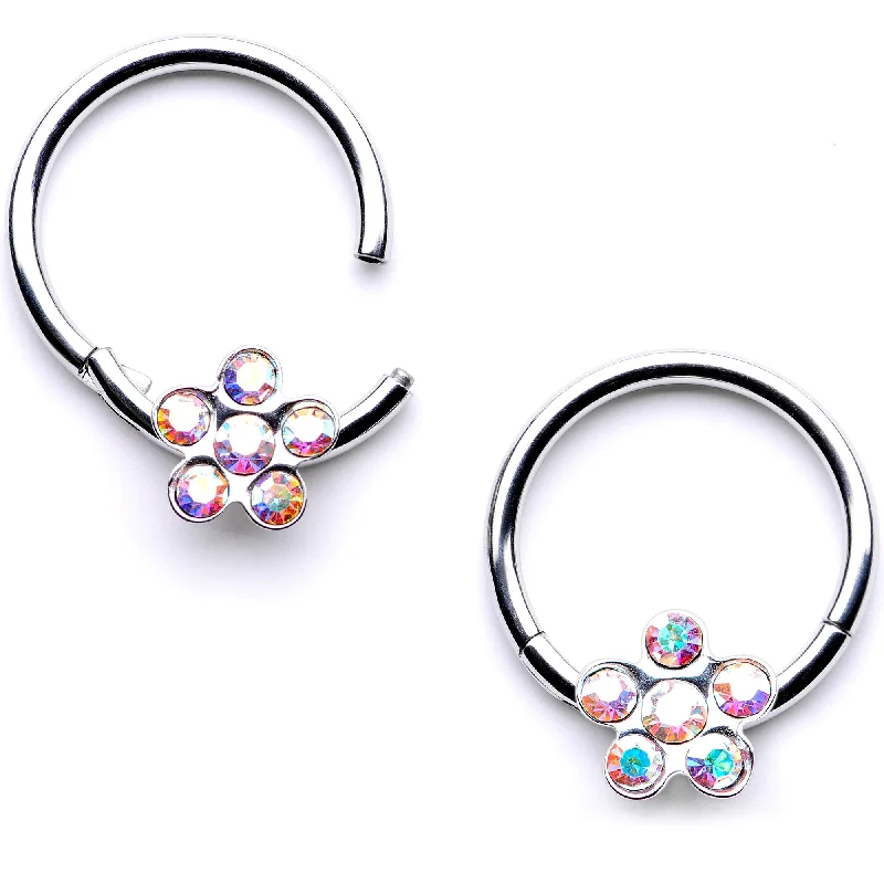 Women's Earrings – Elegant Designs for Every Personality--16 Gauge 3/8 Aurora Gem Petal Flower Hinged Segment Ring Set