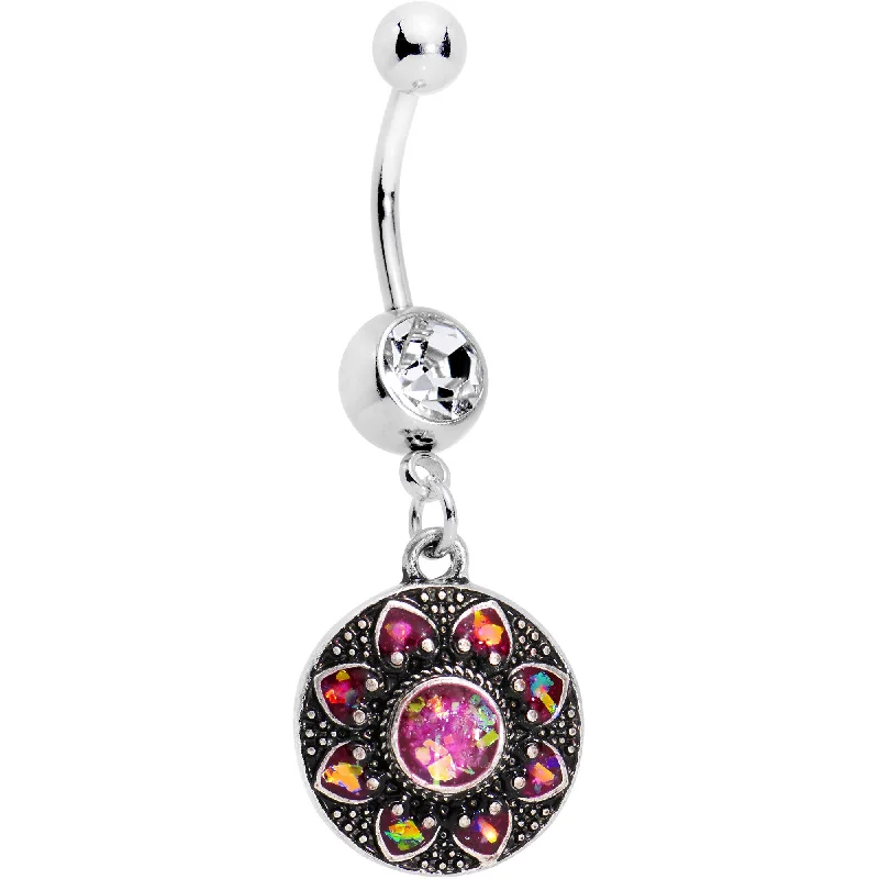Trendy Belly Rings with Colorful Stones -Pink Faux Opal Enclosed Flower Dangle Belly Ring Trendy Belly Rings with Colorful Stones -Pink Faux Opal Enclosed Flower Dangle Belly Ring