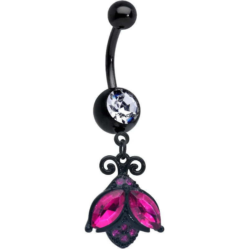 Custom Belly Rings for Exclusive Style -Pink Clear Gem Black Night Butterfly Dangle Belly Ring Custom Belly Rings for Exclusive Style -Pink Clear Gem Black Night Butterfly Dangle Belly Ring