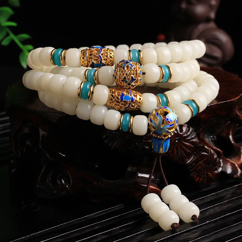 Men's Bracelets with Leather Straps-Buddha Stones Natural White Bodhi Seed Mala 108 Beads Wealth Bracelet Men's Bracelets with Leather Straps-Buddha Stones Natural White Bodhi Seed Mala 108 Beads Wealth Bracelet