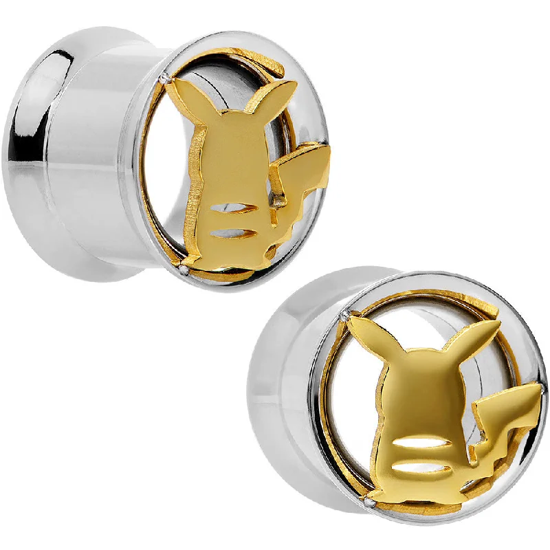 Women's Earrings – Elegant Designs for Every Personality--7/16 Licensed Pokemon Yellow Pikachu Double Flare Tunnel Plug Set