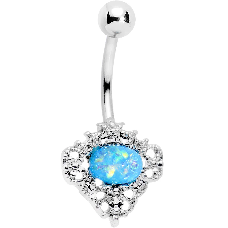 Comfortable Belly Rings for Fashionista Look -Aqua Faux Opal Regally Flowered Frame Belly Ring Comfortable Belly Rings for Fashionista Look -Aqua Faux Opal Regally Flowered Frame Belly Ring