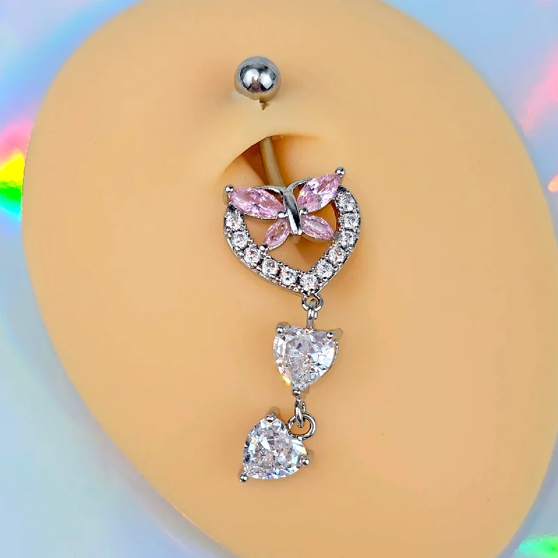 Trendy Belly Rings for Modern Fashionistas -Pink Clear Gem Butterfly Hearts Of Love Dangle Belly Ring Trendy Belly Rings for Modern Fashionistas -Pink Clear Gem Butterfly Hearts Of Love Dangle Belly Ring