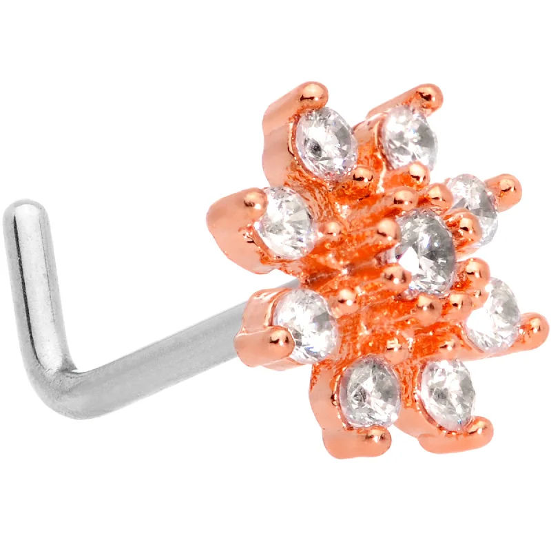Beautiful Nose Rings with Radiant Shine -20 Gauge 1/4 Clear CZ Gem Rose Gold Tone Flower L Shaped Nose Ring Beautiful Nose Rings with Radiant Shine -20 Gauge 1/4 Clear CZ Gem Rose Gold Tone Flower L Shaped Nose Ring