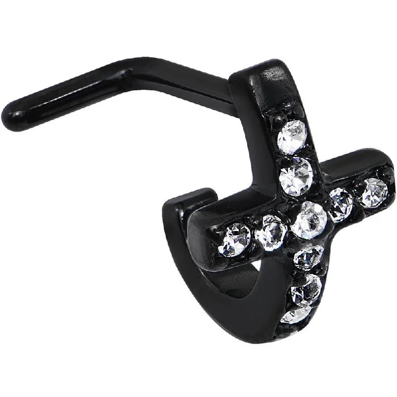 Gold-Plated Nose Rings -18 Gauge Clear Gem Black PVD Cross Faux Hoop L Shaped Nose Ring Gold-Plated Nose Rings -18 Gauge Clear Gem Black PVD Cross Faux Hoop L Shaped Nose Ring