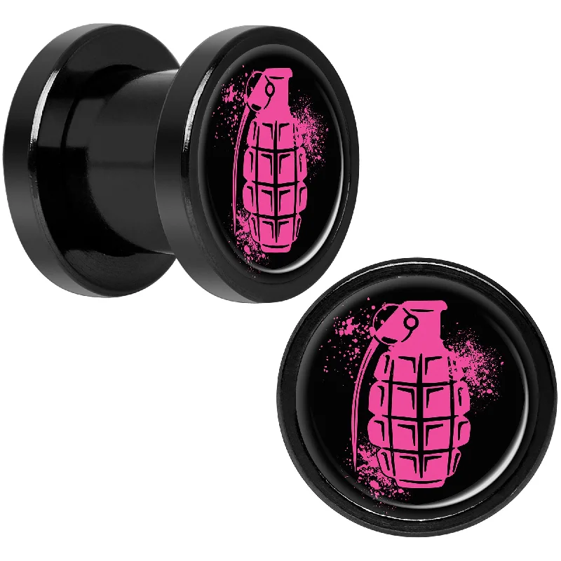 Women's Earrings – Elegant Designs for Every Personality--Pink Grenade Black Anodized Screw Fit Plug Set 0 Gauge Women's Earrings – Elegant Designs for Every Personality--Pink Grenade Black Anodized Screw Fit Plug Set 0 Gauge