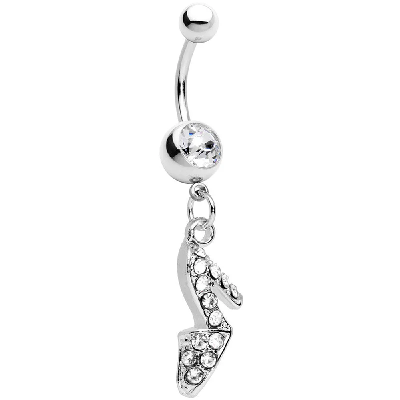 Unique Belly Rings with Sparkling Details -Clear Gem Paved High Heel Shoe Dangle Belly Ring Unique Belly Rings with Sparkling Details -Clear Gem Paved High Heel Shoe Dangle Belly Ring