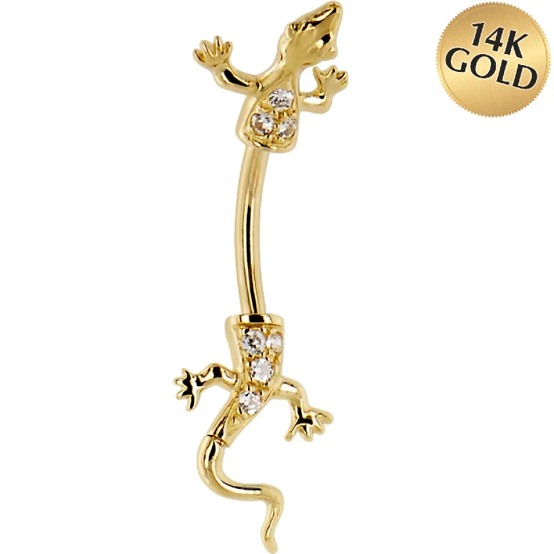 Comfortable Belly Rings for Glamorous Style -16 Gauge Solid 14KT Yellow Gold Cubic Zirconia LIZARD Belly Ring Comfortable Belly Rings for Glamorous Style -16 Gauge Solid 14KT Yellow Gold Cubic Zirconia LIZARD Belly Ring