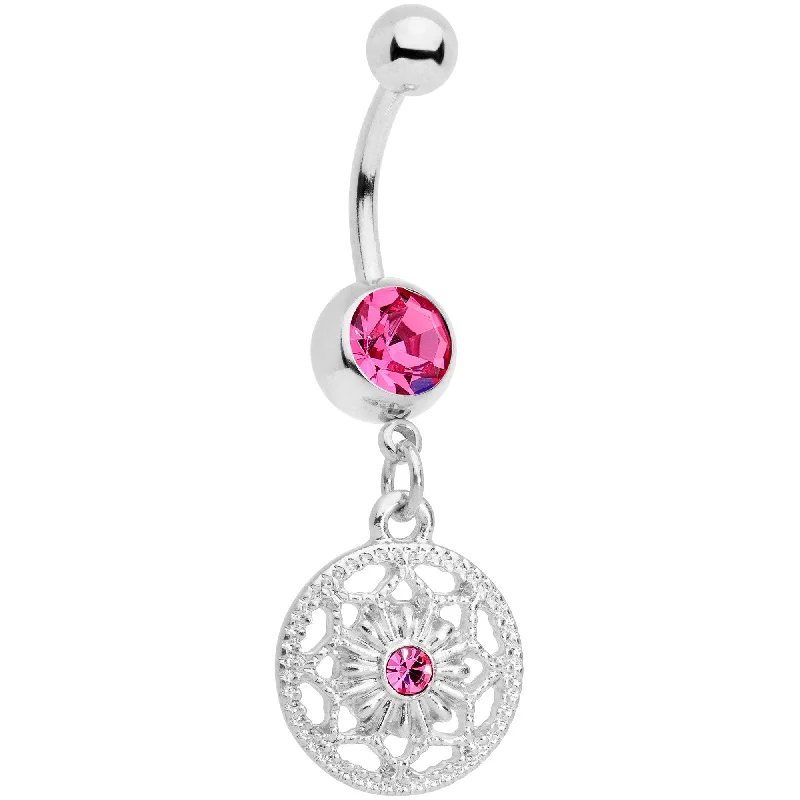 Comfortable Belly Rings with Creative Design -Pink Gem Ring Around a Snowflake Dangle Belly Ring Comfortable Belly Rings with Creative Design -Pink Gem Ring Around a Snowflake Dangle Belly Ring