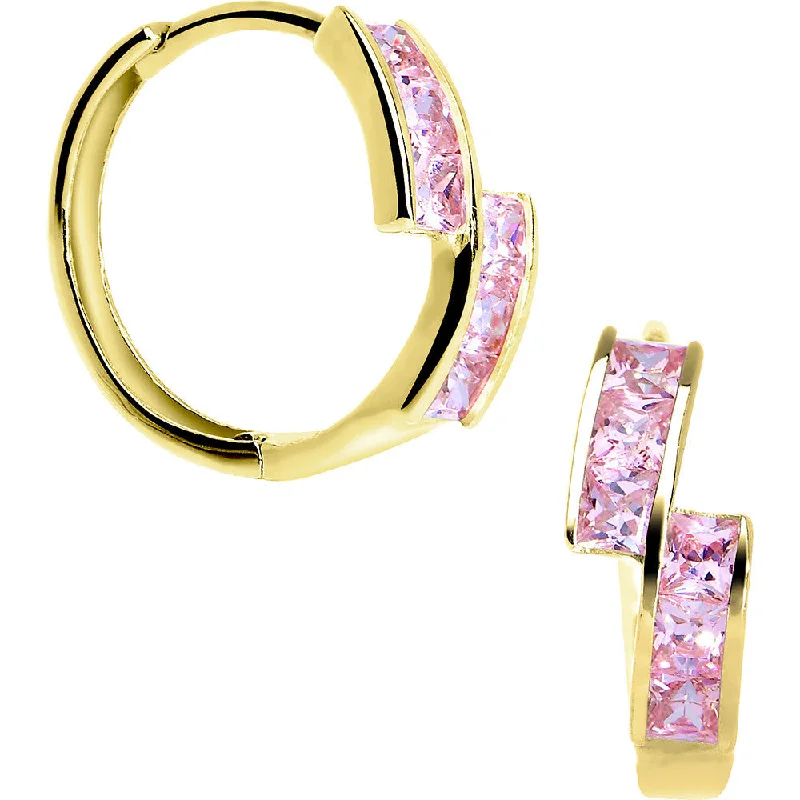 Women's Earrings – Elegant Designs for Every Personality--14kt Yellow Gold Pink CZ Square Huggy Earrings