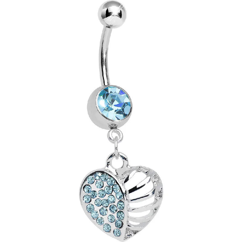 Trendy Belly Rings with Elegant Shine -Aqua Gem Paved Cage Heart Dangle Belly Ring