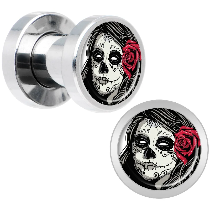 Women's Earrings – Elegant Designs for Every Personality--Katrina Sugar Skull with Rose Flower Steel Screw Fit Plug Set 4 Gauge Women's Earrings – Elegant Designs for Every Personality--Katrina Sugar Skull with Rose Flower Steel Screw Fit Plug Set 4 Gauge