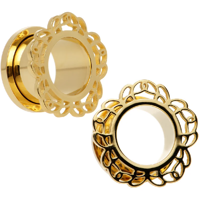 Women's Earrings – Elegant Designs for Every Personality--9/16 Gold PVD Filigree Flower Screw Fit Tunnel Plug Set Women's Earrings – Elegant Designs for Every Personality--9/16 Gold PVD Filigree Flower Screw Fit Tunnel Plug Set