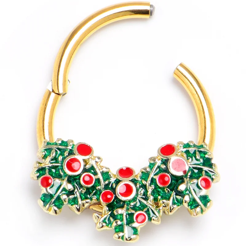 Women's Earrings – Elegant Designs for Every Personality--16 Gauge 3/8 Gold Tone Festive Holly Sprigs Hinged Segment Ring Women's Earrings – Elegant Designs for Every Personality--16 Gauge 3/8 Gold Tone Festive Holly Sprigs Hinged Segment Ring