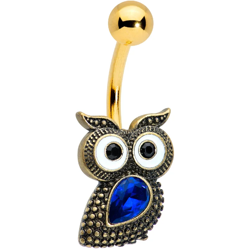 Unique Belly Rings with Creative Touch -Blue Gem Gold Tone Wide Eyed Owl Belly Ring