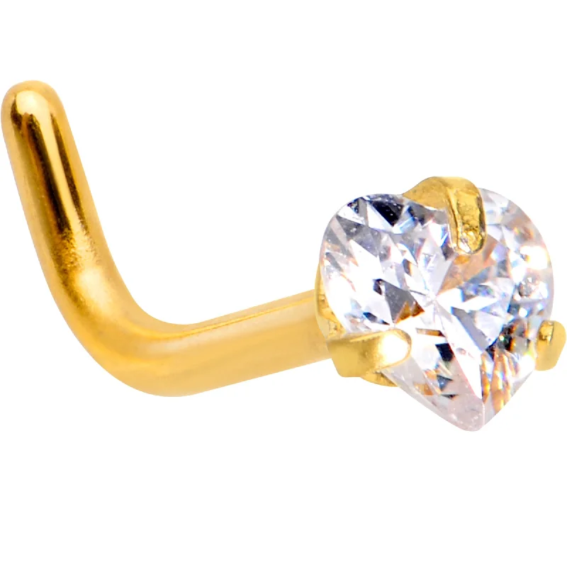 Artistic Nose Rings for Creative Looks -18 Gauge 1/4 Clear Heart 3mm CZ Gem Gold IP L-Shape Nose Ring Artistic Nose Rings for Creative Looks -18 Gauge 1/4 Clear Heart 3mm CZ Gem Gold IP L-Shape Nose Ring