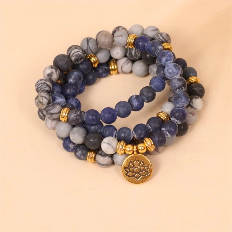 Men's Bracelets with Zodiac Signs-Buddha Stones 108 Mala Beads Sodalite Zebra Jasper Crystal Lotus Strength Bracelet