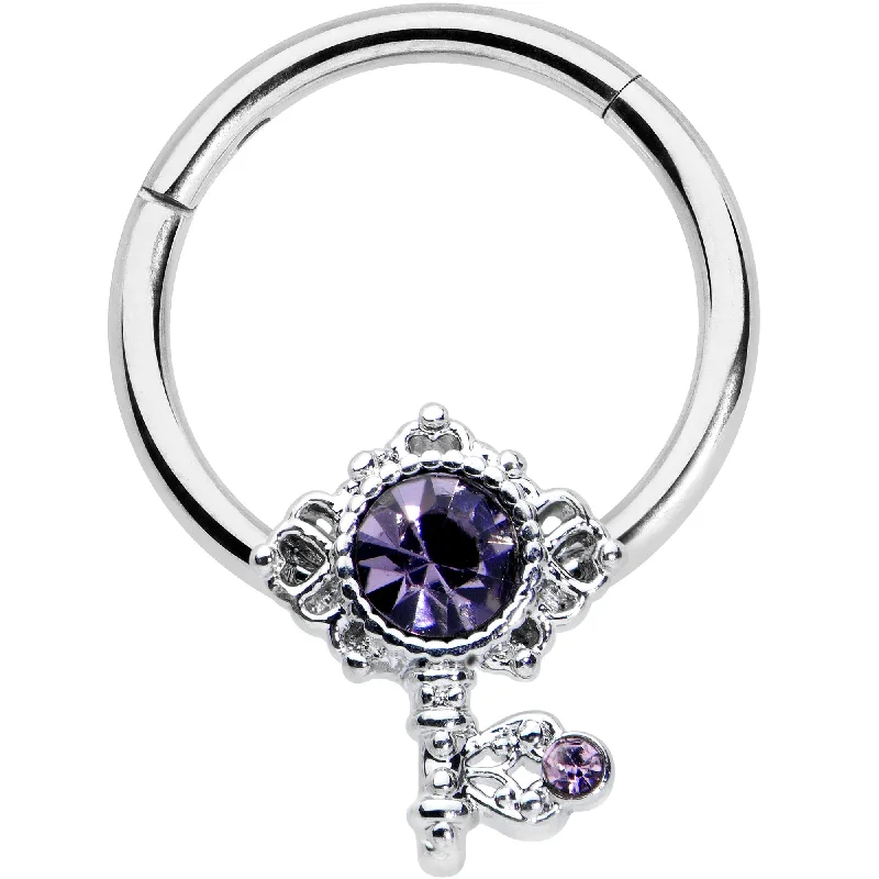 Artistic Nose Rings for Creative Looks -16 Gauge 3/8 Purple Gem Unlock My Heart Key Hinged Segment Ring Artistic Nose Rings for Creative Looks -16 Gauge 3/8 Purple Gem Unlock My Heart Key Hinged Segment Ring
