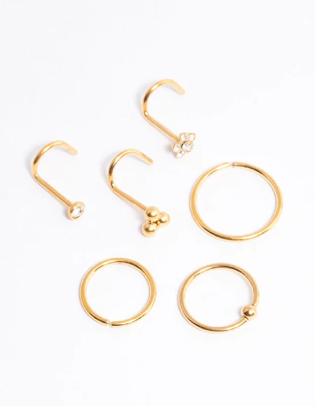 Comfortable Nose Rings for All-Day Wear -Gold Plated Titanium Ring & Hook Nose 6-Pack Comfortable Nose Rings for All-Day Wear -Gold Plated Titanium Ring & Hook Nose 6-Pack