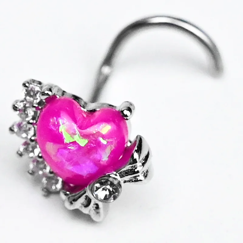 Designer Nose Rings -20 Gauge 7mm Pink Faux Opal Sunny Heart Left Side Nose Screw