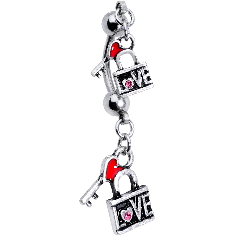 Comfortable Belly Rings for Chic and Stylish Fashion -Pink Gem Red Heart Lock Love Double Mount Dangle Belly Ring Comfortable Belly Rings for Chic and Stylish Fashion -Pink Gem Red Heart Lock Love Double Mount Dangle Belly Ring