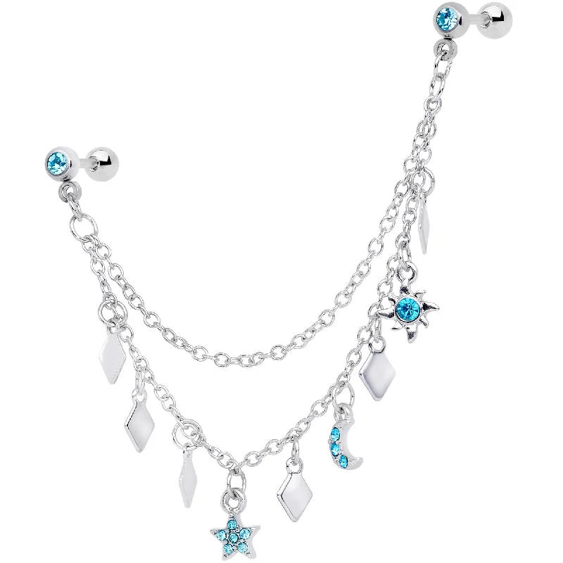 Women's Earrings – Elegant Designs for Every Personality--16 Gauge 1/4 Aqua Gem Moon Star Sun Dangle Cartilage Chain Earring