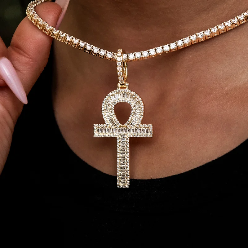 Shop Classic Women's Necklaces & Pendants with a Modern Twist-Diamond Baguette Ankh Cross Pendant in Yellow Gold Shop Classic Women's Necklaces & Pendants with a Modern Twist-Diamond Baguette Ankh Cross Pendant in Yellow Gold