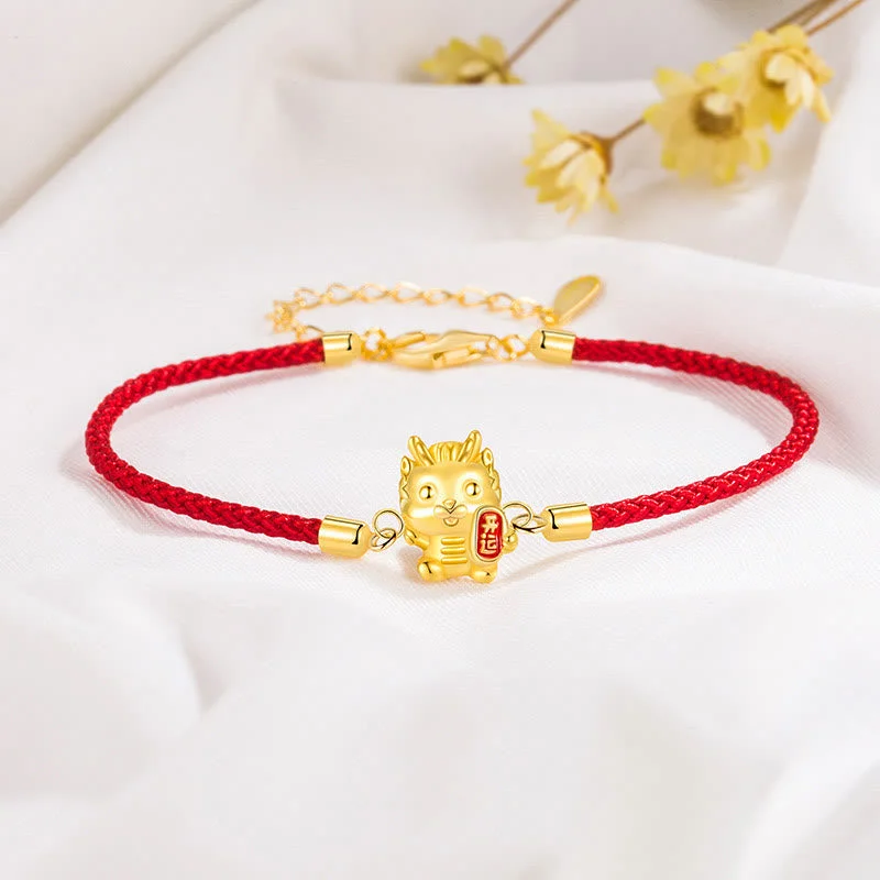 Beaded and Silver Bangles for Women-Buddha Stones 925 Sterling Silver Year Of The Dragon Lucky Golden Dragon Strength Red Rope Chain Bracelet