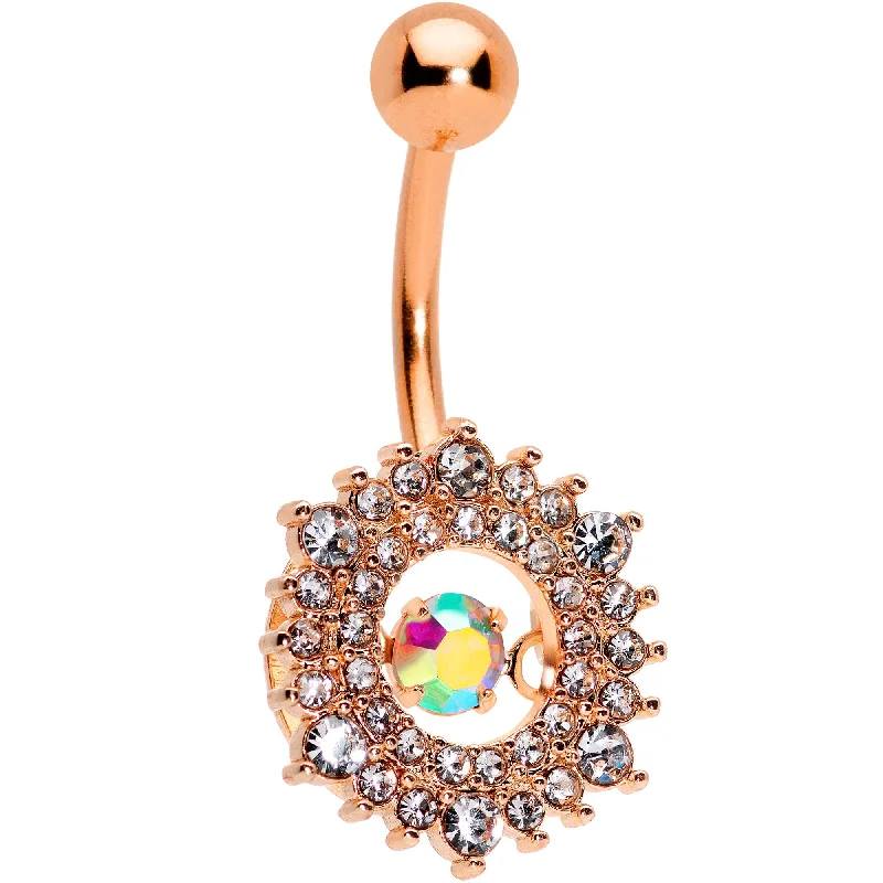 Belly Rings for Special Events -Clear Aurora Dangle Gem Rose Gold Tone Sunburst Belly Ring Belly Rings for Special Events -Clear Aurora Dangle Gem Rose Gold Tone Sunburst Belly Ring
