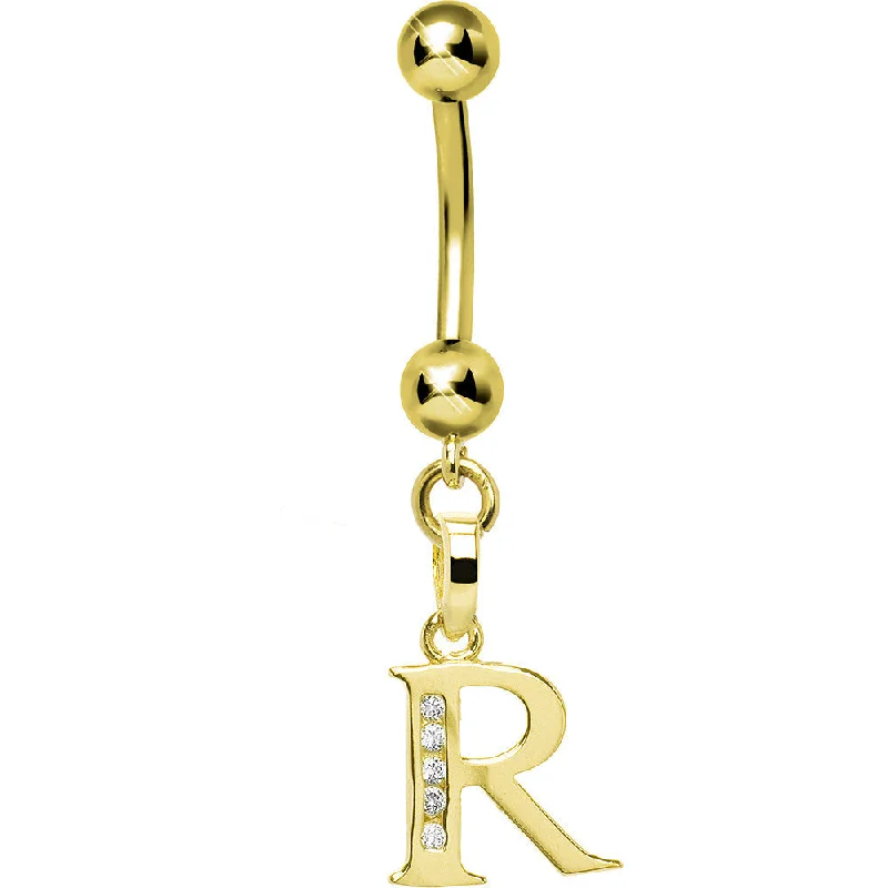 Statement Belly Rings for Bold Style -16 Gauge Solid 14kt Yellow Gold CZ Initial R Belly Ring Statement Belly Rings for Bold Style -16 Gauge Solid 14kt Yellow Gold CZ Initial R Belly Ring