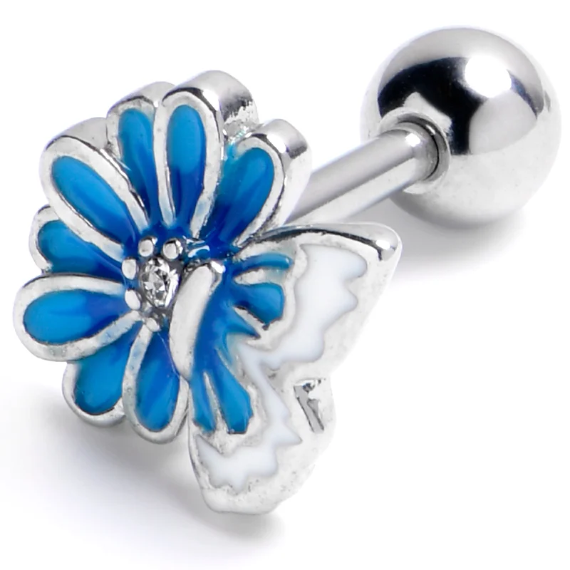 Women's Earrings – Elegant Designs for Every Personality--16 Gauge 1/4 Clear Gem Butterfly Blossom Blue Cartilage Tragus Earring