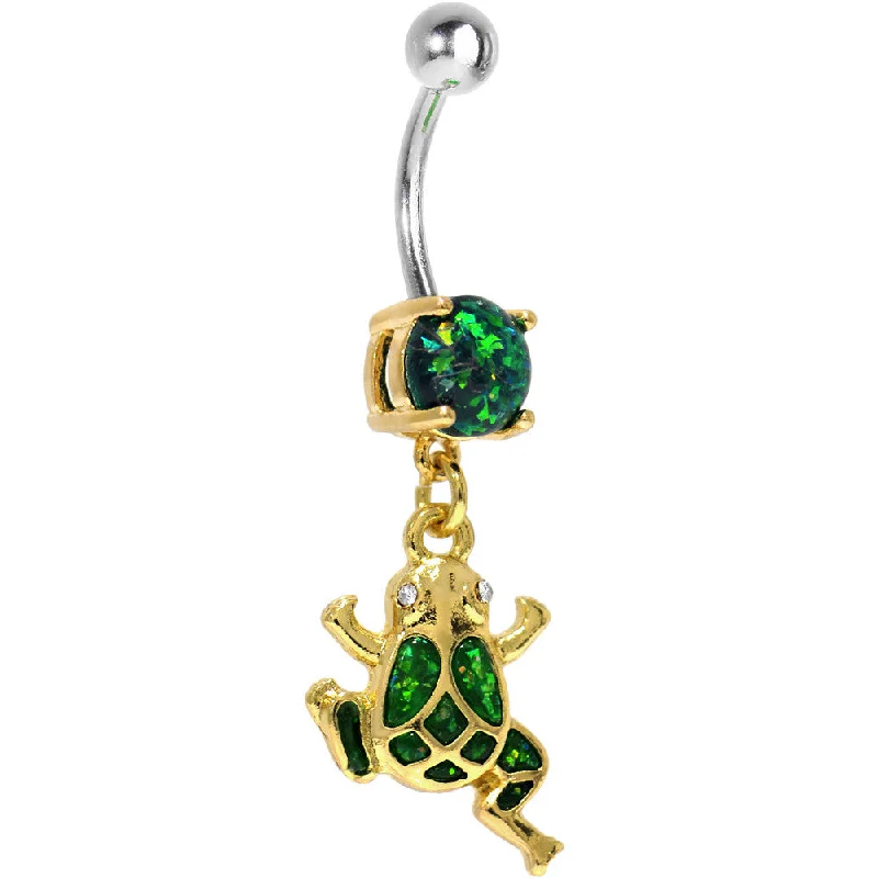 Belly Rings with Vibrant Gems for Bold Style -Green Imitation Opal Gold Plated Frog Dangle Belly Ring Belly Rings with Vibrant Gems for Bold Style -Green Imitation Opal Gold Plated Frog Dangle Belly Ring