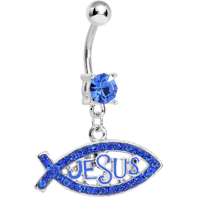 Comfortable Belly Rings for Elegant Comfort -Blue Gem Paved Christian Jesus Fish Dangle Belly Ring Comfortable Belly Rings for Elegant Comfort -Blue Gem Paved Christian Jesus Fish Dangle Belly Ring